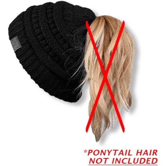 Women's Black Beanie Pony Tail Messy Bun Solid Stretch-Able Ribbed Hat Cap - Picture 4 of 9